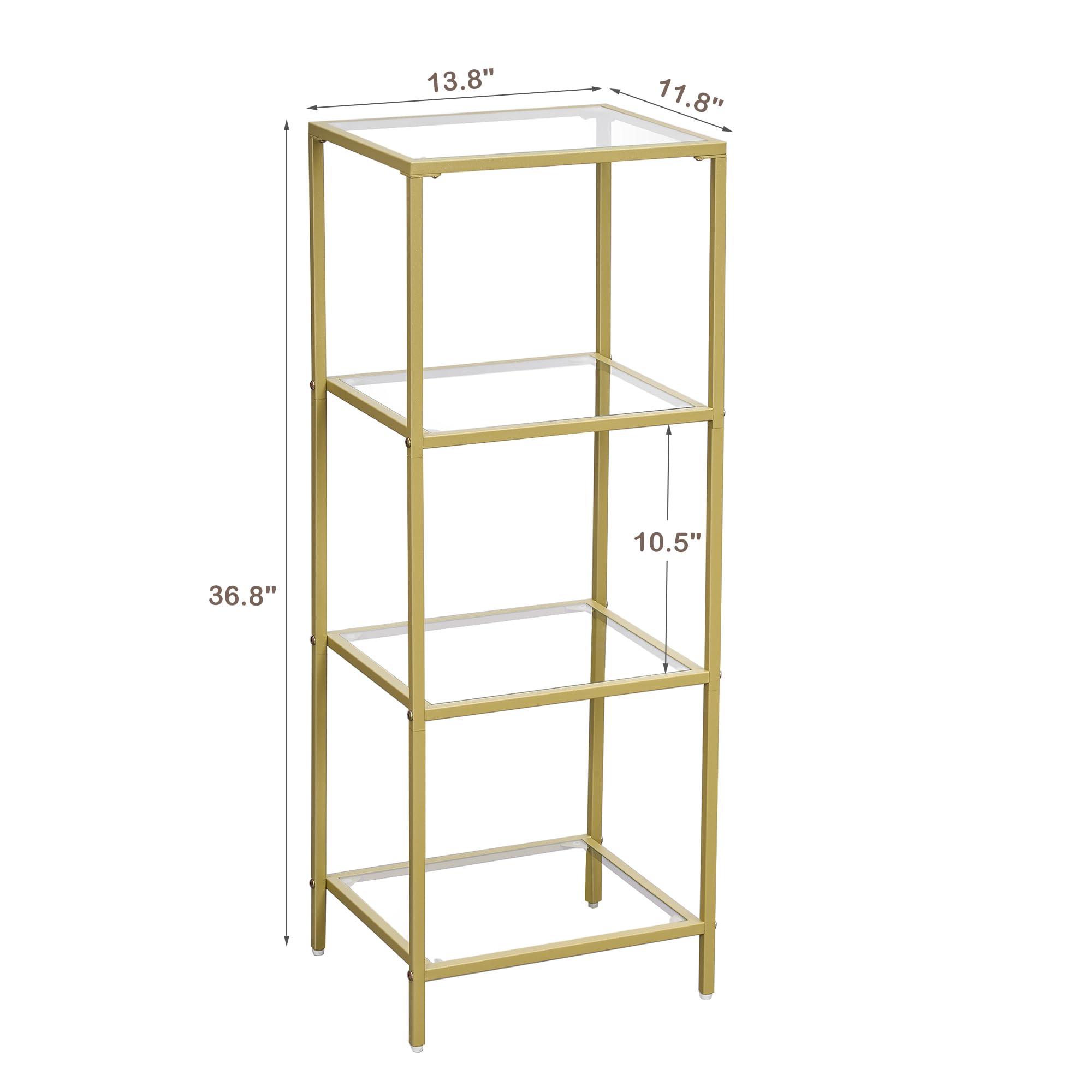 Homhedy 4-Tier Bookshelf,Metal Bookcase,Tempered Glass Shelves,Storage Rack Shelf for Home Office,Living Room,Bedroom, Bathroom,Modern Style,Golden