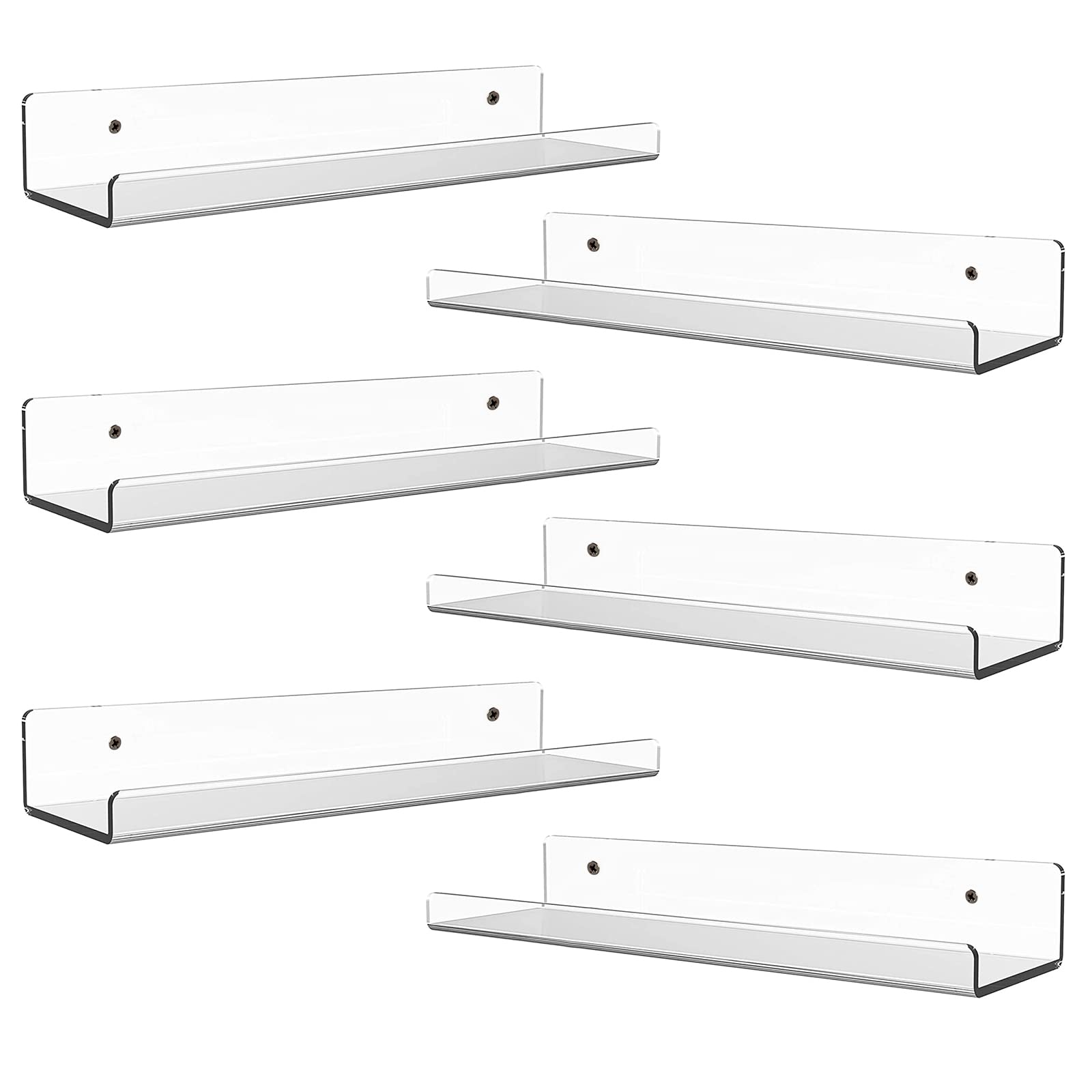 Minimalist Floating Shelves Wall Mounted Set of 6, 4 mm Clear Thinkness Book Shelf Acrylic Album Record Holder Display for Bedroom Living Room Bathroom Kitchen Office Clear(15inch-Wider-6Pack)