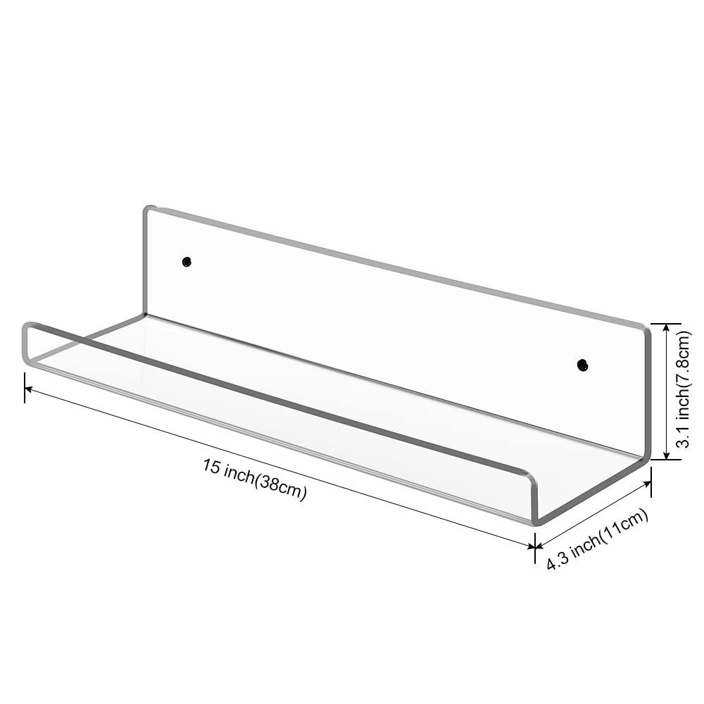 Minimalist Floating Shelves Wall Mounted Set of 6, 4 mm Clear Thinkness Book Shelf Acrylic Album Record Holder Display for Bedroom Living Room Bathroom Kitchen Office Clear(15inch-Wider-6Pack)