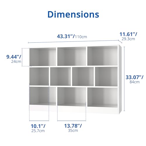 Cozy Castle White Bookshelf, 3-Tier Open Shelf Bookcase, 10 Cube Storage Organizer with Anti-Tilt Device, Freestanding Book Storage Shelves for Bedroom, Living Room