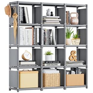 mavivegue book shelf, 12 cube storage organizer, diy bookcase, metal cube bookshelf,tall book case for bedroom, living room,office,closet storage organizer, grey cubicle storage rack