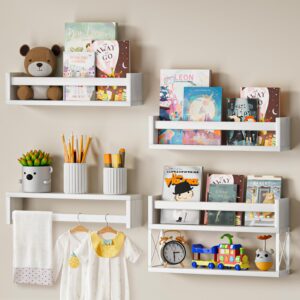qimcoor nursery book shelves set of 4+1, 16.5inch floating wall bookshelf for kids, white book shelf organizer for baby nursery room, wall shelves for bedroom decor, toy storage shelves