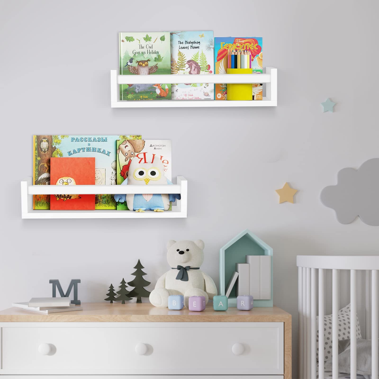 TUEGEGNS Nursery Book Shelves Set of 2,Floating Wall Bookshelves for Kids,Nursery Shelves for Bookshelf Wall,Kids Bookshelf(set of 2 white)