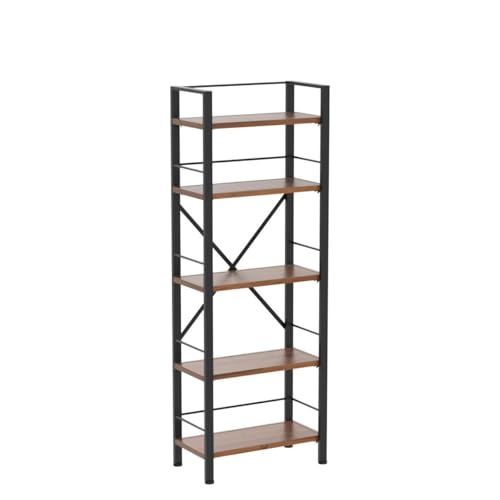 Crofy Rustic Bookshelf, 5 Tier Real Wood Bookshelf, Metal Book Shelf for Storage, Black Bookcase, 12.6" D x 23.62" W x 64.17" H