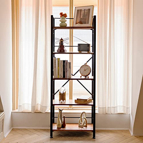 Crofy Rustic Bookshelf, 5 Tier Real Wood Bookshelf, Metal Book Shelf for Storage, Black Bookcase, 12.6" D x 23.62" W x 64.17" H