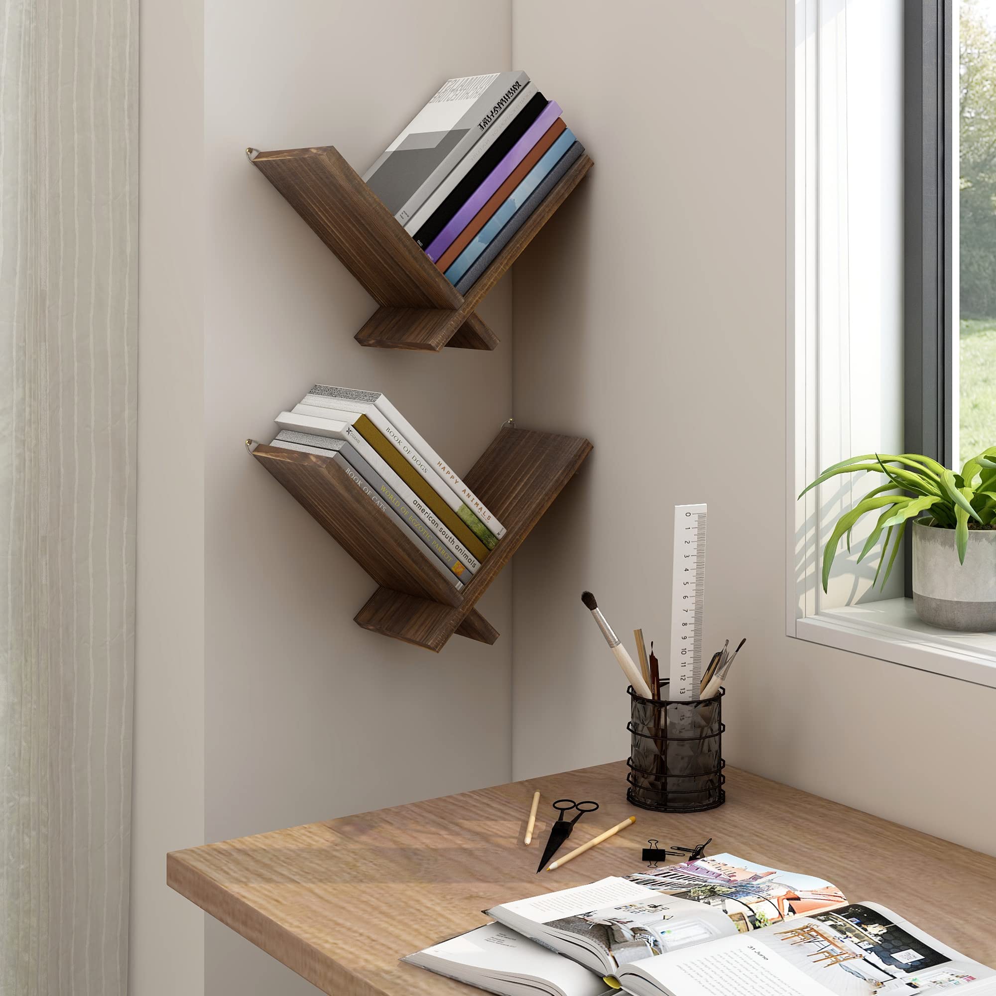 Afuly Bookshelf for Wall, THICKENED Solid Wood Desktop Book Shelves for Small Spaces, Hanging Wall Mounted Shelves Book Storage Organizer, Floating Bookshelf for Office Living Room Bedroom