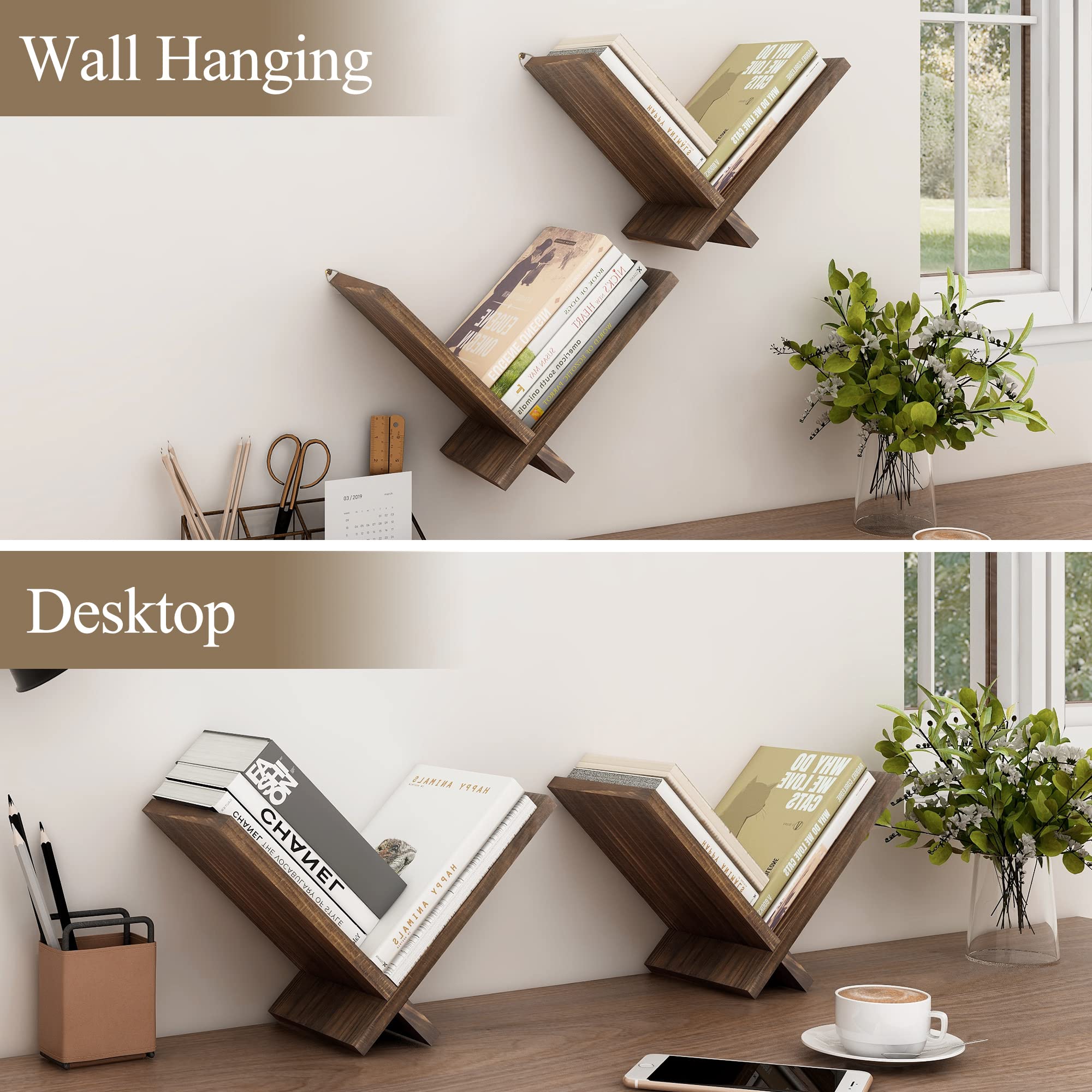 Afuly Bookshelf for Wall, THICKENED Solid Wood Desktop Book Shelves for Small Spaces, Hanging Wall Mounted Shelves Book Storage Organizer, Floating Bookshelf for Office Living Room Bedroom