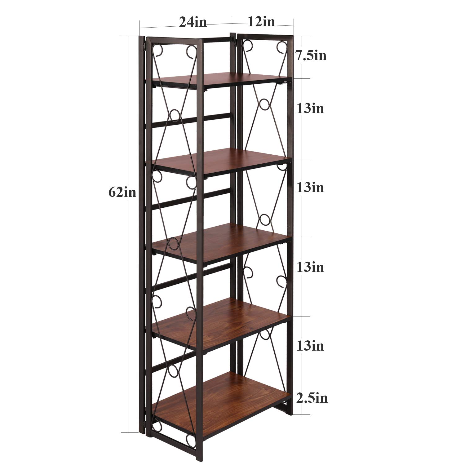 VECELO Bookshelf No Assembly, 5 Shelf Folding Bookcase, Book Shelves Organizer for Living Room, Bedroom, Kitchen, Office, Industrial Metal Frame, Walut, 1 Set