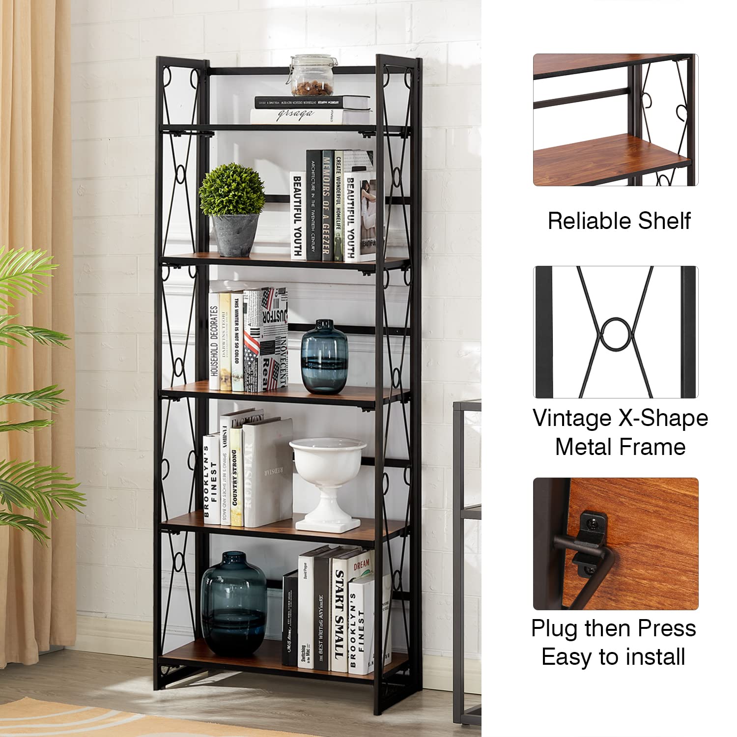 VECELO Bookshelf No Assembly, 5 Shelf Folding Bookcase, Book Shelves Organizer for Living Room, Bedroom, Kitchen, Office, Industrial Metal Frame, Walut, 1 Set