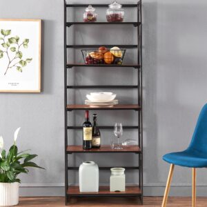 VECELO Bookshelf No Assembly, 5 Shelf Folding Bookcase, Book Shelves Organizer for Living Room, Bedroom, Kitchen, Office, Industrial Metal Frame, Walut, 1 Set