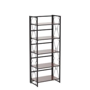 VECELO Bookshelf No Assembly, 5 Shelf Folding Bookcase, Book Shelves Organizer for Living Room, Bedroom, Kitchen, Office, Industrial Metal Frame, Walut, 1 Set