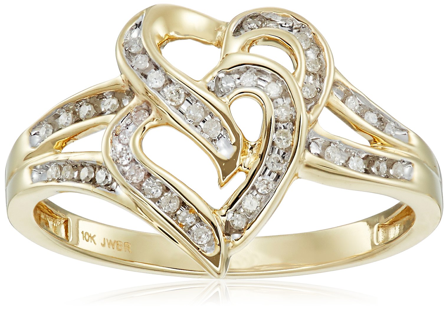 Amazon Essentials 10K Yellow Gold Diamond Double Heart Ring (1/10 cttw), Size 7 (previously Amazon Collection)