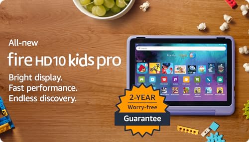 Amazon Fire HD 10 Kids Pro tablet- 2023, ages 6-12 | Bright 10.1" HD screen | Slim case for older kids, ad-free content, parental controls, 13-hr battery, 32 GB, Happy Day