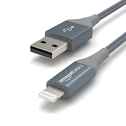 Amazon Basics USB-A to Lightning Charger Cable, Nylon Braided Cord, MFi Certified for Apple iPhone 14 13 12 11 X Xs Pro, Pro Max, Plus, iPad, 10,000 Bend Lifespan, 3 Foot, Dark Gray