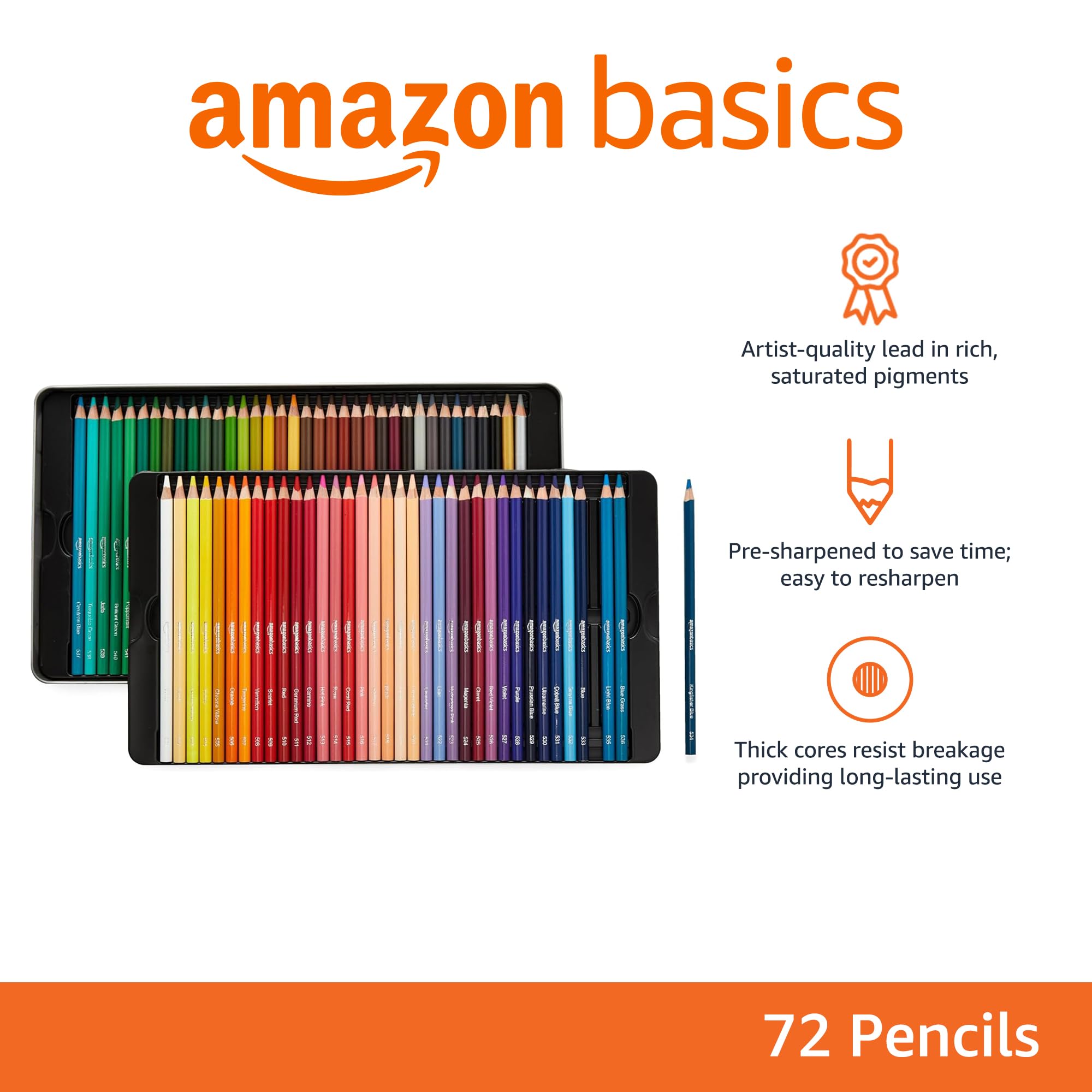 Amazon Basics - Premium Colored Pencils, Soft Core, 72 Count (Pack of 1), Multicolor