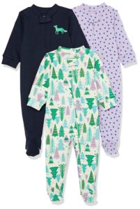 amazon essentials unisex babies' cotton snug-fit footed sleeper pajamas, pack of 3, ecru festive tree/navy/purple dots, 0-3 months