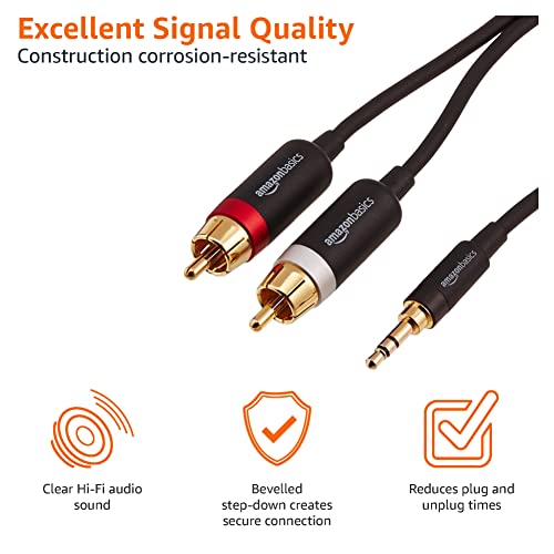 Amazon Basics 3.5 Aux to 2 x RCA Adapters, Audio Cable for Amplifiers, Active Speakers with Gold-Plated Plugs, 15 Feet/4.6 m, Black