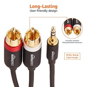 Amazon Basics 3.5 Aux to 2 x RCA Adapters, Audio Cable for Amplifiers, Active Speakers with Gold-Plated Plugs, 15 Feet/4.6 m, Black