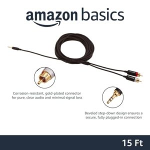 Amazon Basics 3.5 Aux to 2 x RCA Adapters, Audio Cable for Amplifiers, Active Speakers with Gold-Plated Plugs, 15 Feet/4.6 m, Black