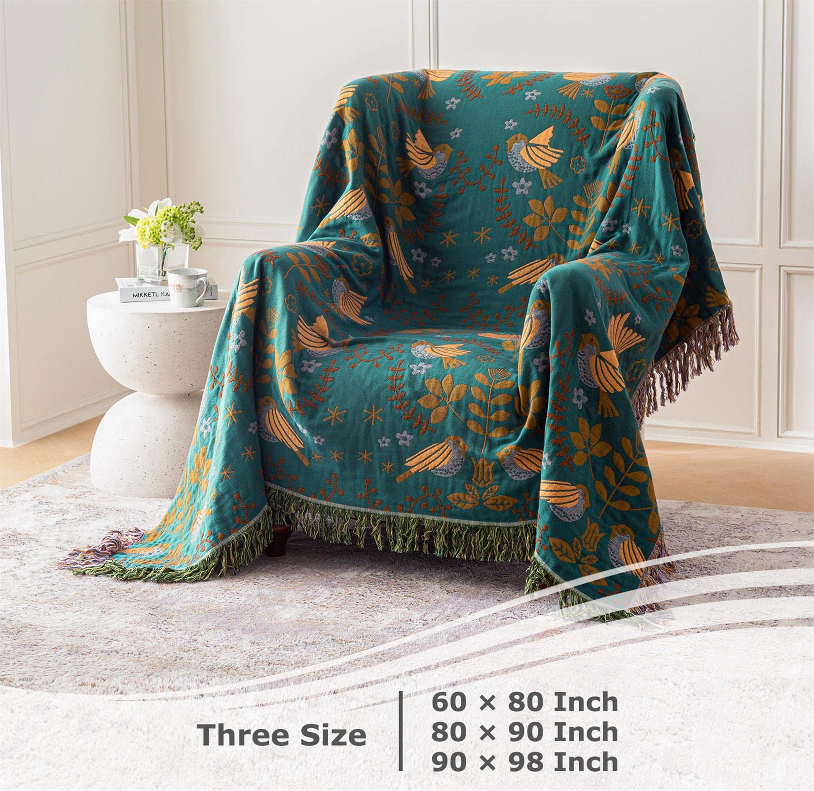 Boho Throw Blanket for Bed - 100% Cotton Ultra Soft Rustic Quilt - Summer Blanket Bird Floral Printed Farmhouse Decor Large Bed Blankets,60"×80" All Season Rustic Throw for Sofa Couch Chair