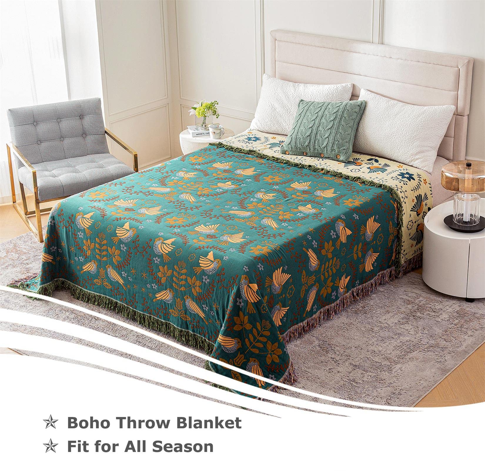 Boho Throw Blanket for Bed - 100% Cotton Ultra Soft Rustic Quilt - Summer Blanket Bird Floral Printed Farmhouse Decor Large Bed Blankets,60"×80" All Season Rustic Throw for Sofa Couch Chair