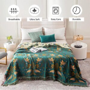 Boho Throw Blanket for Bed - 100% Cotton Ultra Soft Rustic Quilt - Summer Blanket Bird Floral Printed Farmhouse Decor Large Bed Blankets,60"×80" All Season Rustic Throw for Sofa Couch Chair