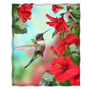 Jekeno Spring Hummingbird Floral Blanket Gifts for Women Kids Girls Mom Wife Birthday Mother's Day Presents Red Flowers Bird Decor for Home Bed Bedroom Soft Cozy Plush Throw Blanket 50"x60"