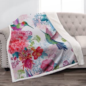 jekeno hummingbird floral sherpa blanket bird colorful flowers print gifts for women kids girls mom bedroom living room birthday mother's day decor soft cozy plush throw blanket 50"x60"