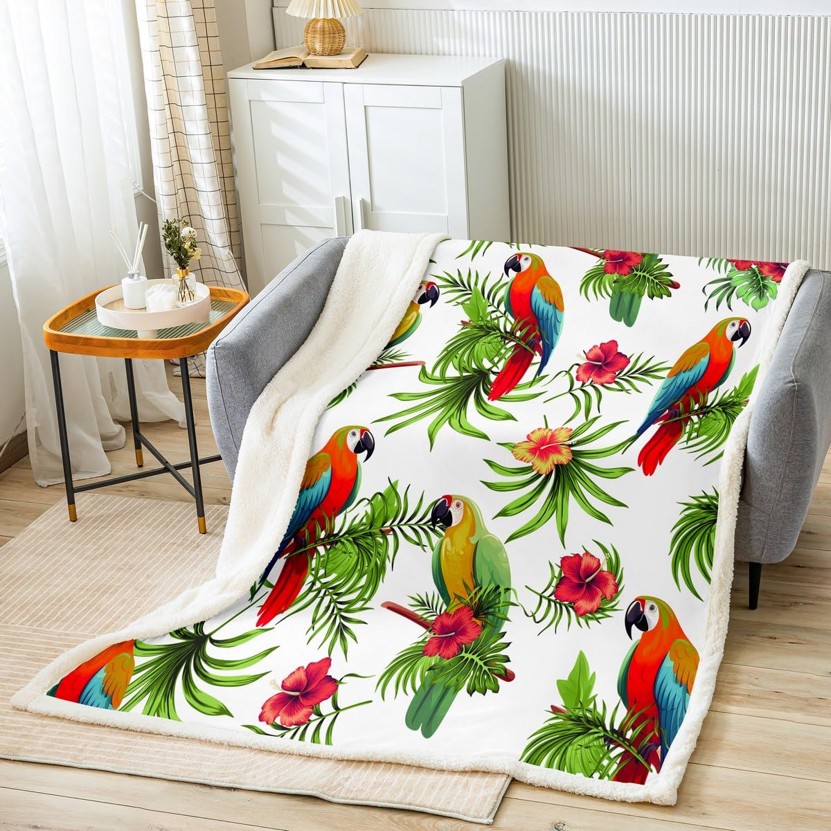 Palm Leaves Fleece Throw Blanket Parrots Plush Blanket for Kids Boys Girls Tropical Exotic Birds Sherpa Blanket Hibiscus Flowers Fuzzy Blanket for Sofa Bed Couch, Colorful Room Decor Baby 30x40 Inch