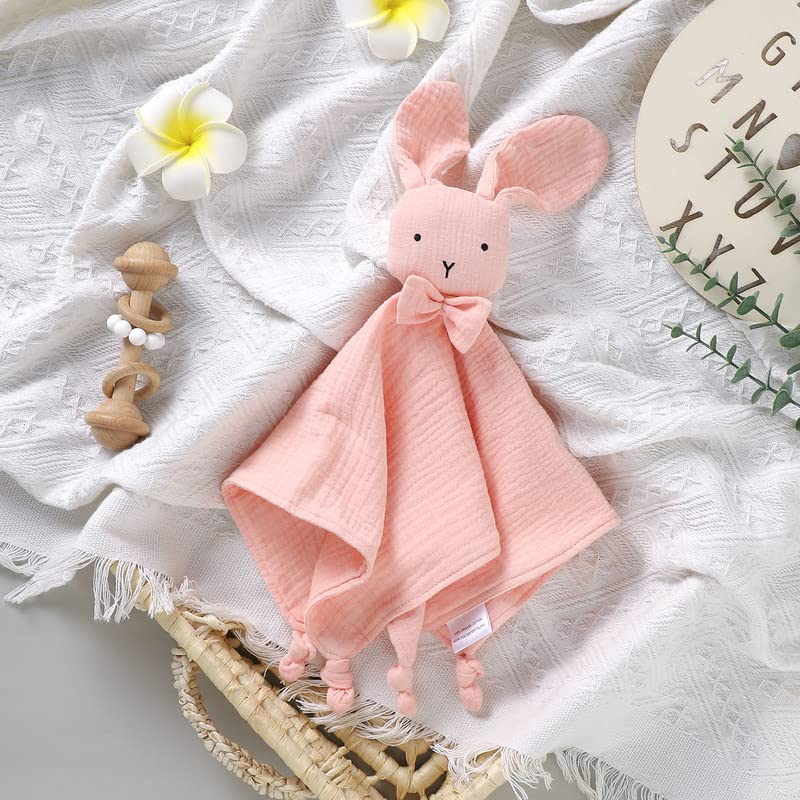 LAWKUL Baby Lovey Organic Cotton Muslin Security Blankets Comfy Lovie Soft Cuddly Lovies Newborn Infants Boy Girls Bunny Pink