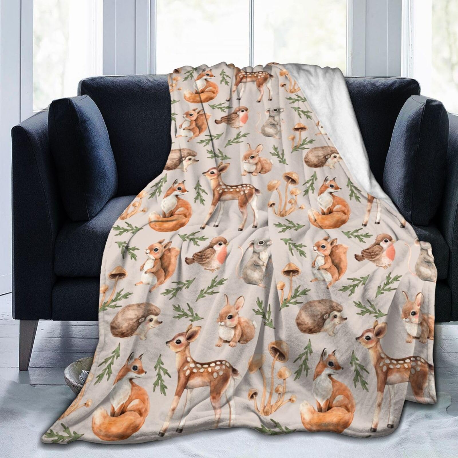 Duduho Cute Forest Animals Bed Blanket Ultra Soft Squirrel Mouse Deer Fox Hare Hedgehog and Birds Throw Blankets All Season Warm Light Weight Cozy Plush Blankets for Home Bedroom Sofa Travel, 40"X50"