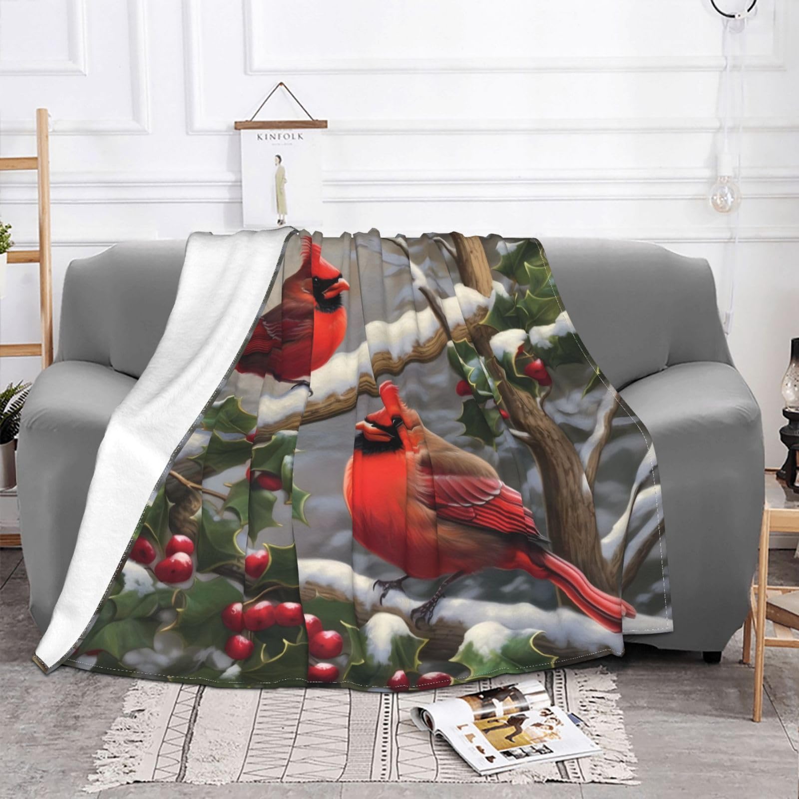 Red Birds Flannel Fleece Throw Blankets, Christmas Super Warm Soft Living Room Blanket All Season (50"x40")