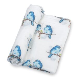 lollybanks swaddle blanket | 100% muslin cotton | newborn and baby nursery essentials for girls, registry | bluebird print