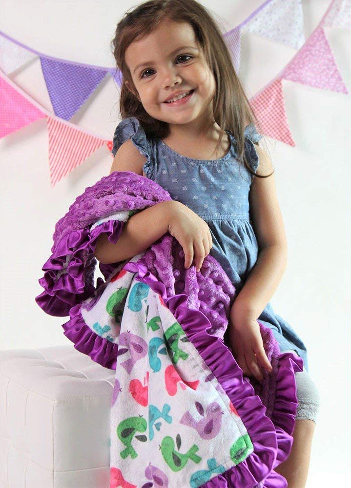 Baby Girls Reversible Minky Velboa Stroller Blanket (Choose Color) (Birds/Violet)