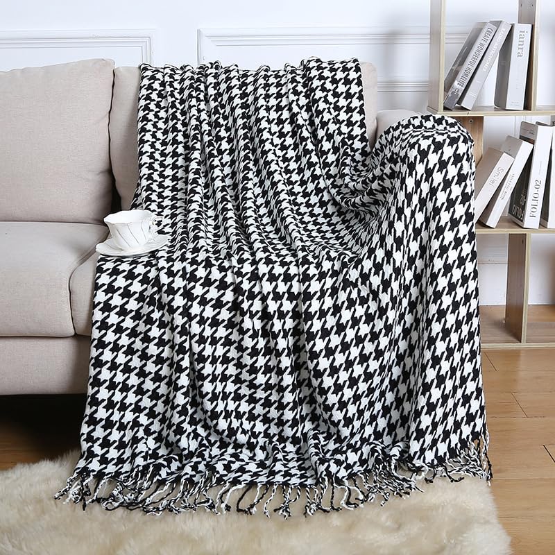 RIVYOS Air Conditioning Blanket Knitted Blanket Thousand Bird Check Tassel Sofa Blanket Small Blanket Bed End American Wool Napping Blanket Quilt (Black and White, Twin(70.9''×51.2''))