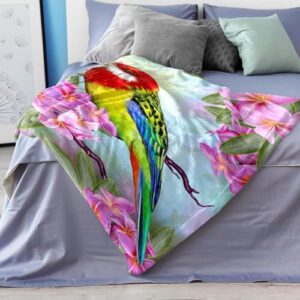 suojapuku Fleece Throw Blanket Flannel Blankets Microfiber Blanket,Colorful Bird Pink Flower,Bed and Sofa 59.0x51.1 Blankets