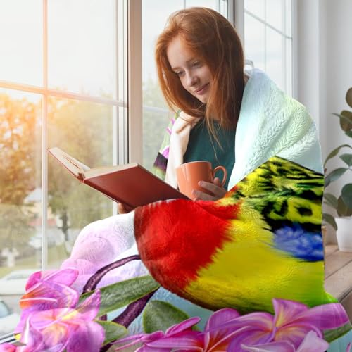 suojapuku Fleece Throw Blanket Flannel Blankets Microfiber Blanket,Colorful Bird Pink Flower,Bed and Sofa 59.0x51.1 Blankets