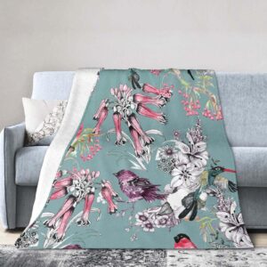 Throw Blanket 30x40 Inch,Birds Branch Flowers Blue Flannel Soft Cozy Fluffy Throw Blankets and Warm Throws for Adults in Couch Sofa Bed 40x30 Inch