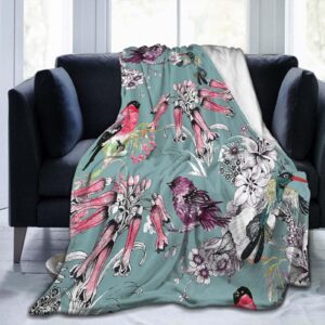 Throw Blanket 30x40 Inch,Birds Branch Flowers Blue Flannel Soft Cozy Fluffy Throw Blankets and Warm Throws for Adults in Couch Sofa Bed 40x30 Inch