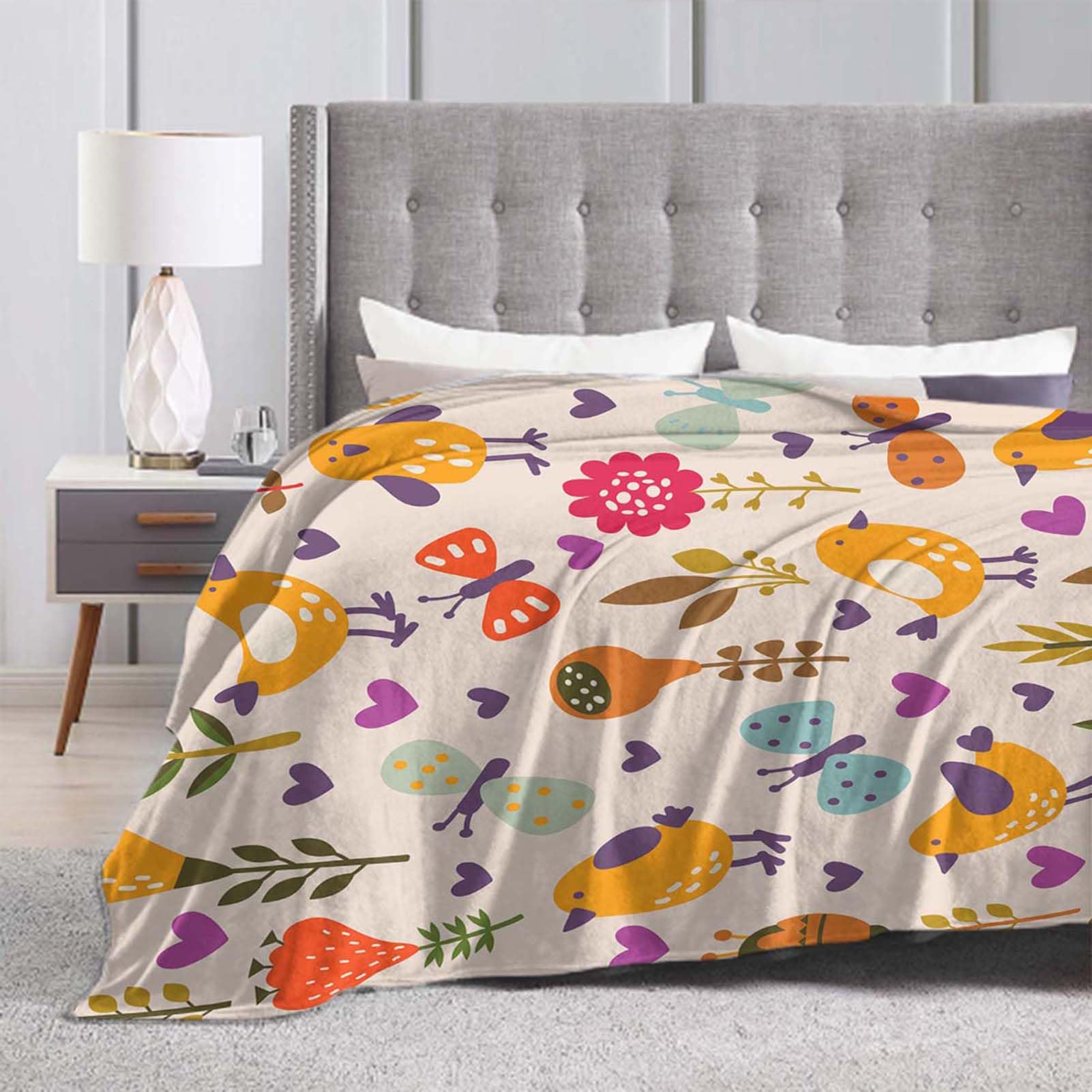 Throw Blanket 30x40 Inch,Cute Cartoon Bird Flower Summer Flannel Soft Cozy Fluffy Throw Blankets and Warm Throws for Adults in Couch Sofa Bed 40x30 Inch