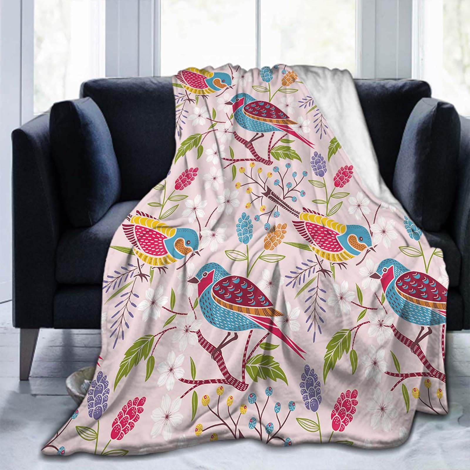 Throw Blanket 50x60 Inch,Bird Flower Floral Summer Flannel Soft Cozy Fluffy Throw Blankets and Warm Throws for Adults in Couch Sofa Bed 60x50 Inch