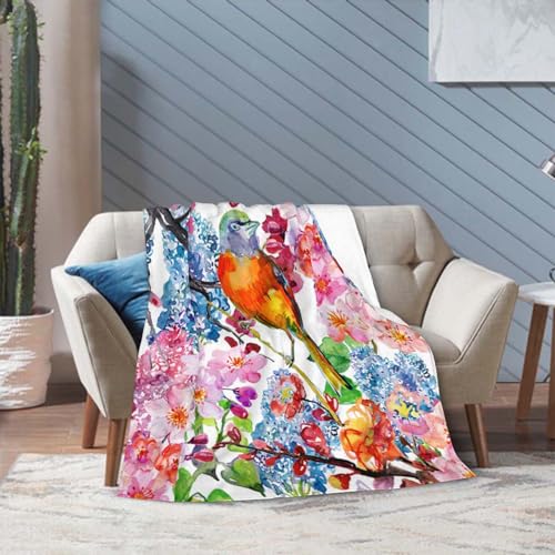 Throw Blanket 60x80 Inch,Bird Blossom Plum Vintage Flannel Soft Cozy Fluffy Throw Blankets and Warm Throws for Adults in Couch Sofa Bed 80x60 Inch