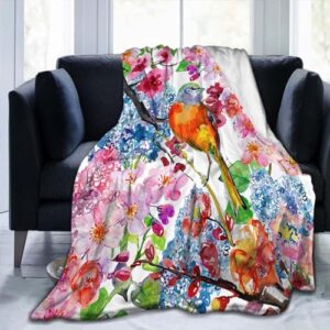 Throw Blanket 60x80 Inch,Bird Blossom Plum Vintage Flannel Soft Cozy Fluffy Throw Blankets and Warm Throws for Adults in Couch Sofa Bed 80x60 Inch