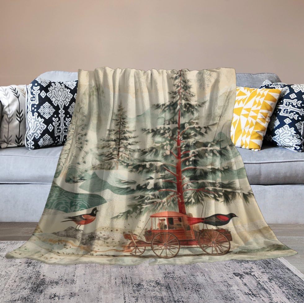 Blanket Wintery Birds and Trees Throw Blankets Rustic Country Holiday Soft Flannel Cozy Blankets for Couch Sofa Bed for Adults Kids Boys Teens Gift 30"x40"