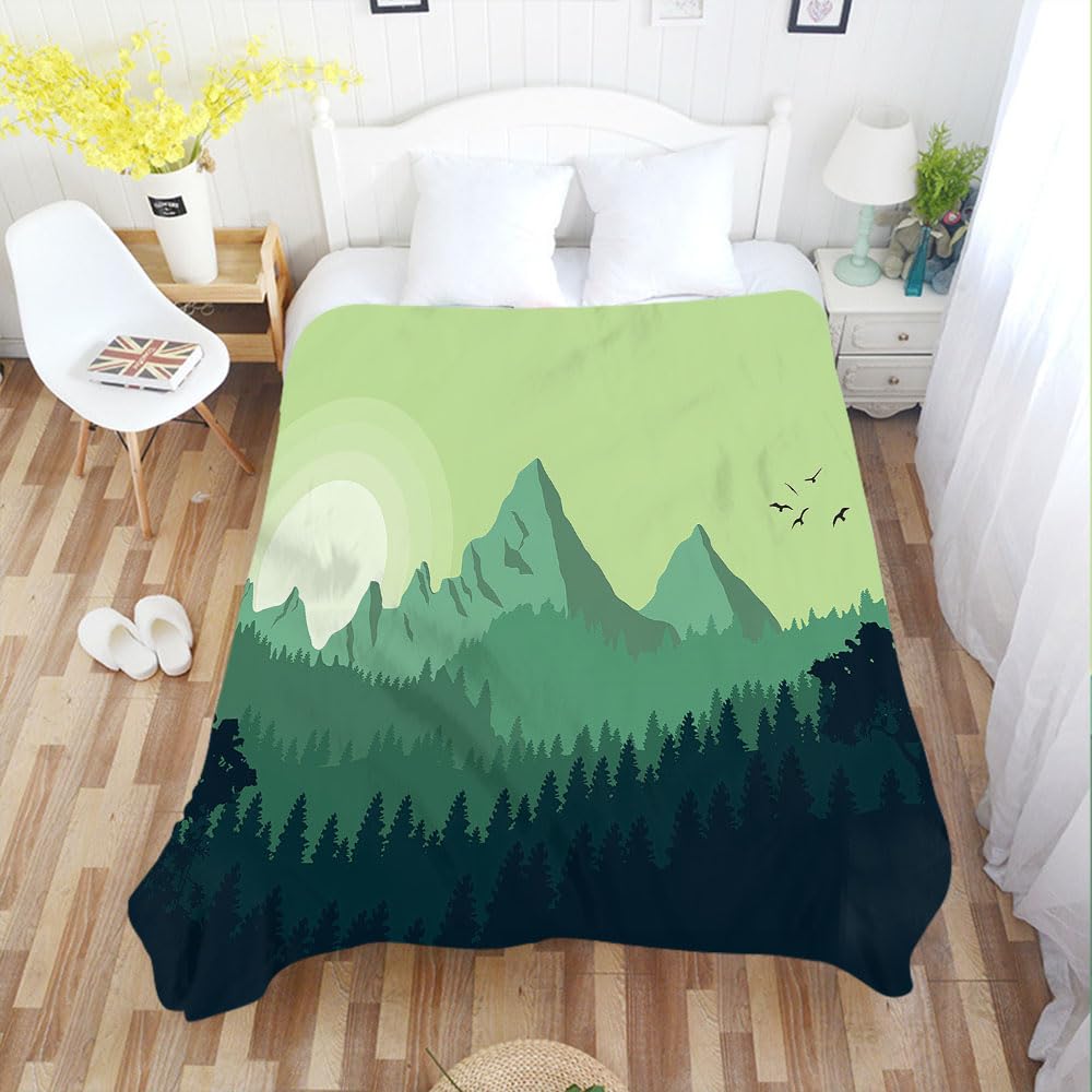 AOYEGO Morning Mountain Blanket for Dog Cat Sunrise and Flying Birds Green Woods Landscape Fleece Pet Blanket 40"x50" Flannel Throw Blankets Lightweight