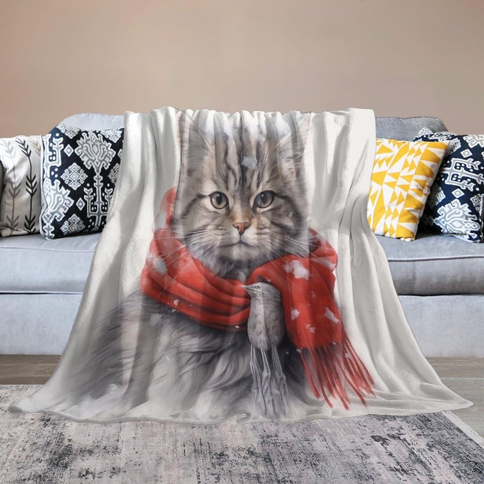 Soft Throw Blanket Drawing of A Cat Wearing A Scarf and Bird Soft Fuzzy Plush Blanket Bedding Cozy Lightweight Cat Lover Girls Gifts Blanket 40"x50" for Bed Couch Chair Sofa