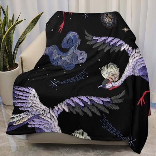 AuHomea Crane Birds and Night Sky Throw Blanket Lightweight Flannel Fleece Blankets Warm and Cozy Super Soft Throws 30"x40" for Cat Pet and Babies