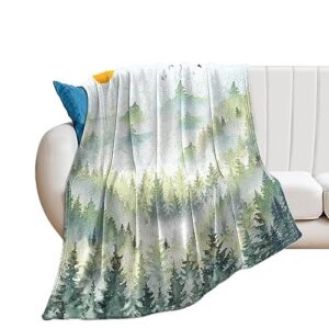 Misty Forest Mountain Blanket Lightweight FlannelWatercolor Foggy Green Rustic Woodland Landscape Birds Nature Art Throw Blanket for Women Men Soft Cozy Plush Warm Fleece Birthday Gifts 50"x60"