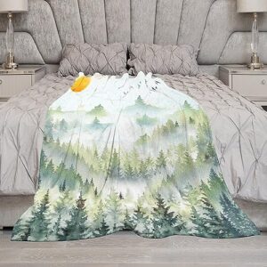 Misty Forest Mountain Blanket Lightweight FlannelWatercolor Foggy Green Rustic Woodland Landscape Birds Nature Art Throw Blanket for Women Men Soft Cozy Plush Warm Fleece Birthday Gifts 50"x60"