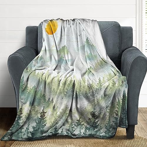 Misty Forest Mountain Blanket Lightweight FlannelWatercolor Foggy Green Rustic Woodland Landscape Birds Nature Art Throw Blanket for Women Men Soft Cozy Plush Warm Fleece Birthday Gifts 50"x60"